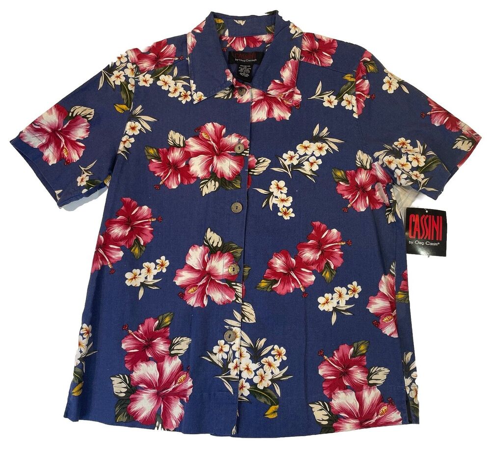 Oleg Cassini Women's Hawaiian Shirt Linen Floral Pink Blue Small Button Up NEW